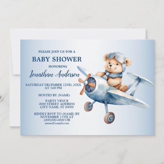 Baby Shower Cute Happy Blue Bear Pilot Beautiful Invitation (Front)