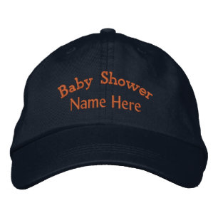 Baby Shower Cute Little one with Baby Name Navy Embroidered Hat