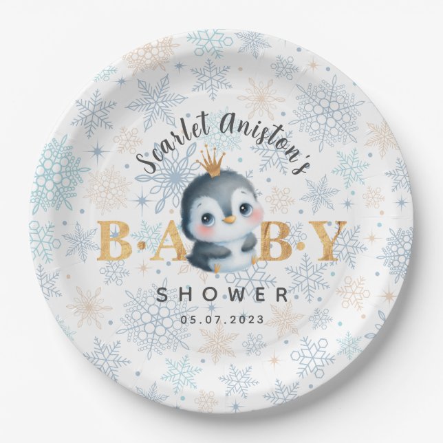 Baby Shower Cute Penguin with Crown Paper Plates (Front)