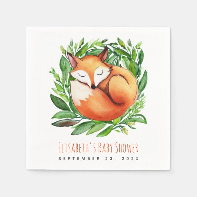 Baby Shower Cute Sleeping Fox Watercolor Woodland  Napkin (Front)