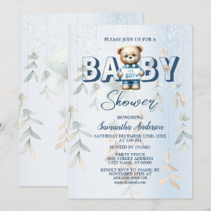 Baby Shower Cute Teddy Bear Blue Floral  Invitation