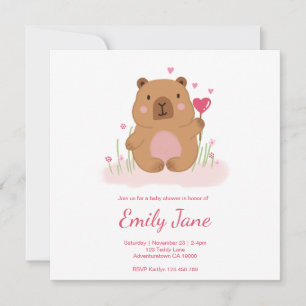Baby Shower Cute Teddy Bear Pink Capybara Girls Invitation