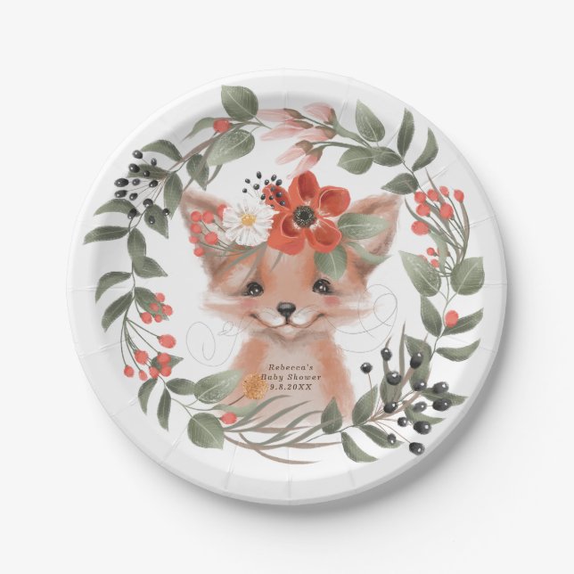 baby shower cute woodland fox paper plate (Front)