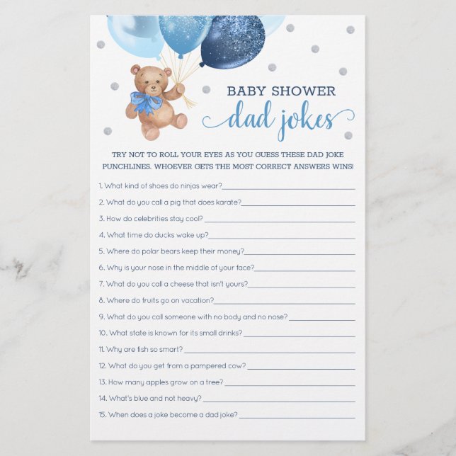 Baby Shower Dad Jokes Game Teddy Bear Blue (Front)
