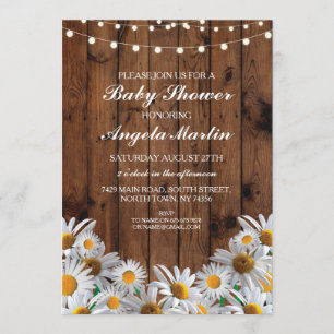 Baby Shower Daisy Wood Rustic Lights Floral Invite