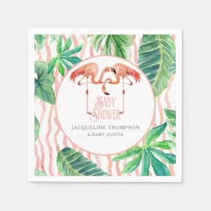 Baby Shower Decor Watercolor Pink Flamingo Leaf Napkin