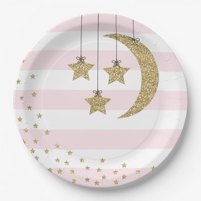 baby shower decorations pink gold glitter paper plate (Front)