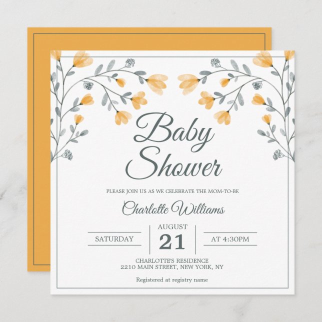 Baby Shower Delicate Flowers Orange Sage Green Invitation (Front/Back)