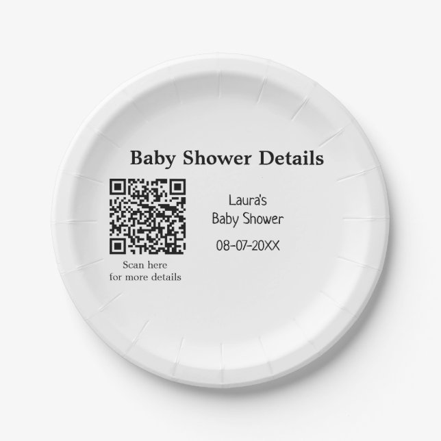 BABY SHOWER DETAILS QR SCAN CODE MINIMAL MODERN RU PAPER PLATE (Front)