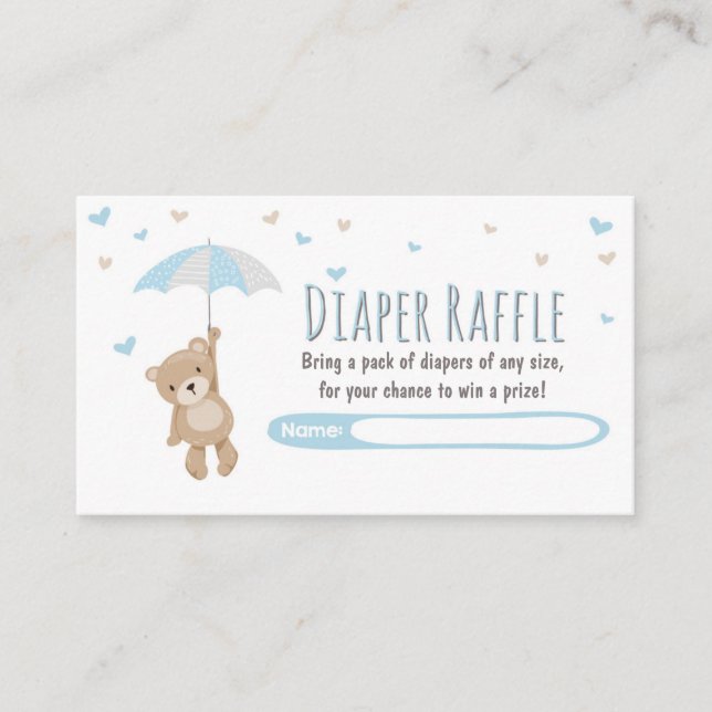 Baby Shower Diaper Raffle Card Teddy Bear Blue (Front)