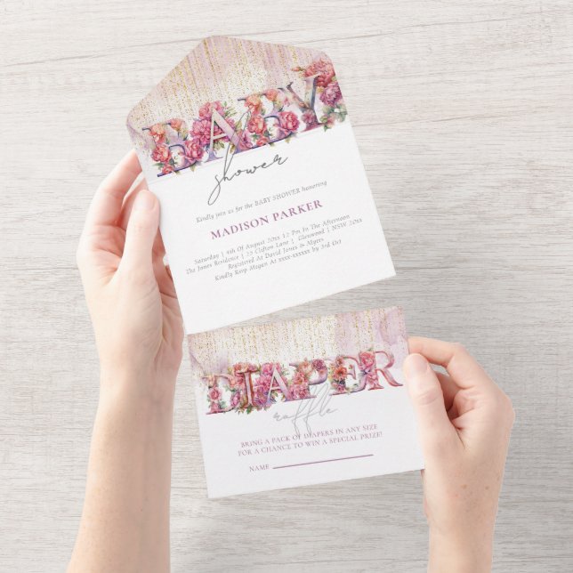 Baby Shower & Diaper Raffle Floral Pink Gold  All In One Invitation (Tearaway)