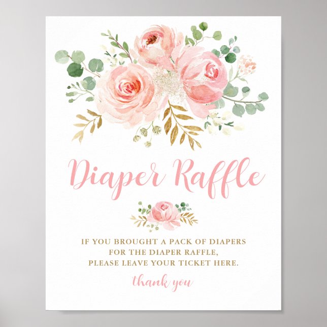 Baby Shower Diaper Raffle Sign, Blush Pink Floral  Poster (Front)