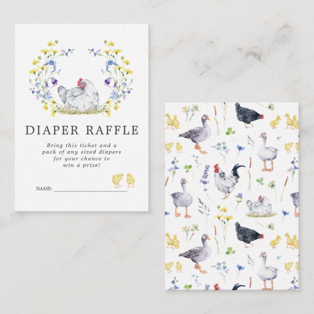 Baby Shower Diaper Raffle Ticket | Floral Chickens Enclosure Card (Front/Back)