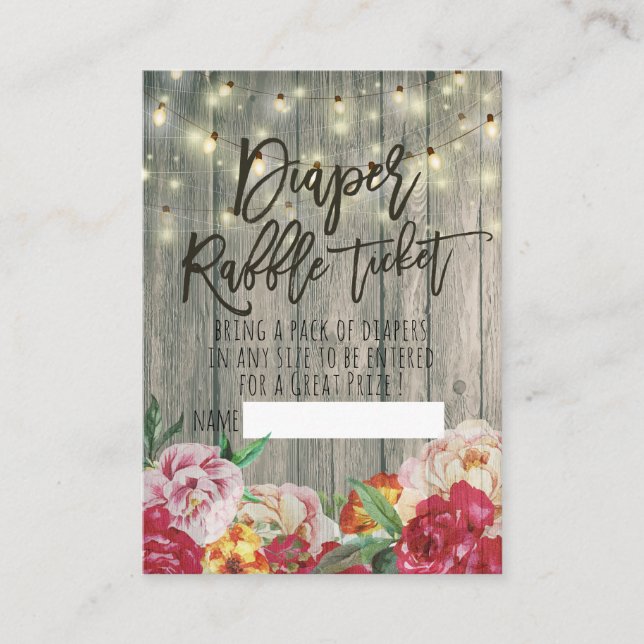 Baby Shower Diaper Raffle Ticket Flower Wood Light Enclosure Card (Front)