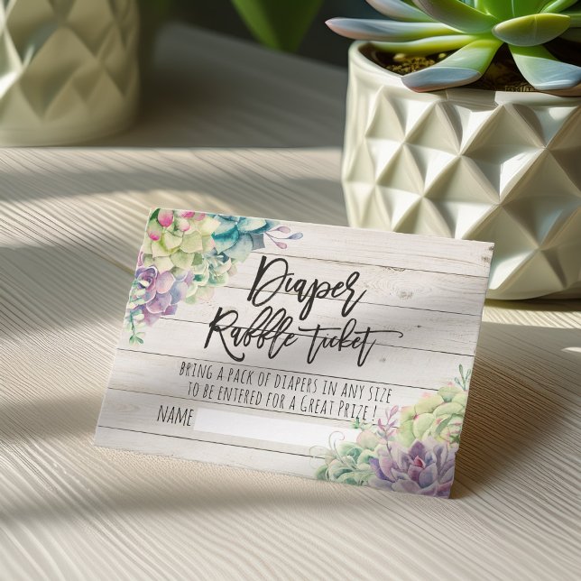 Baby Shower Diaper Raffle Ticket Succulents Wood Enclosure Card (Creator Uploaded)