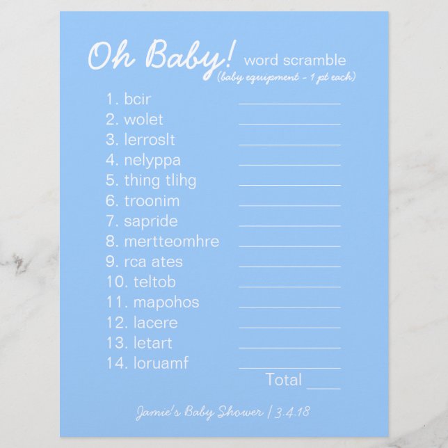 Baby Shower DIY - Word Scramble Game - blue (Front)