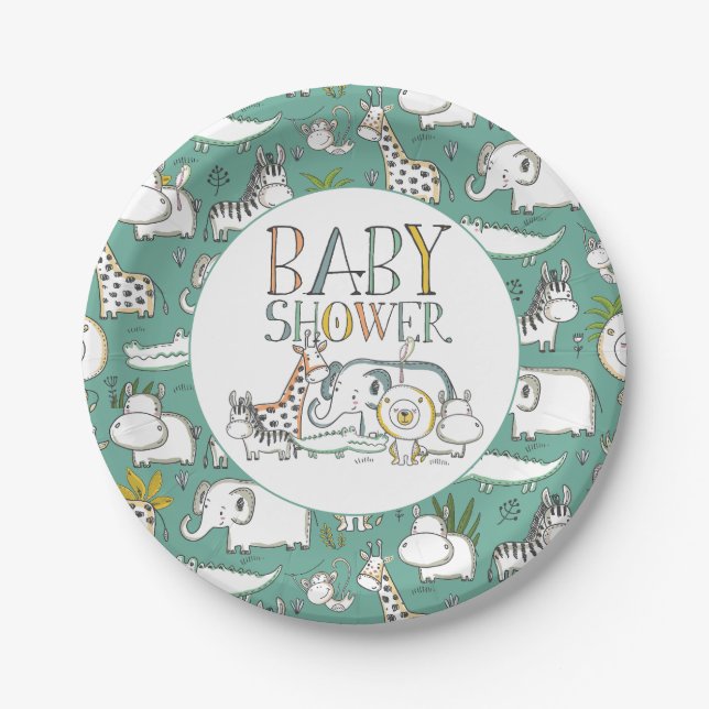 Baby Shower Doodle Safari Paper Plates (Front)