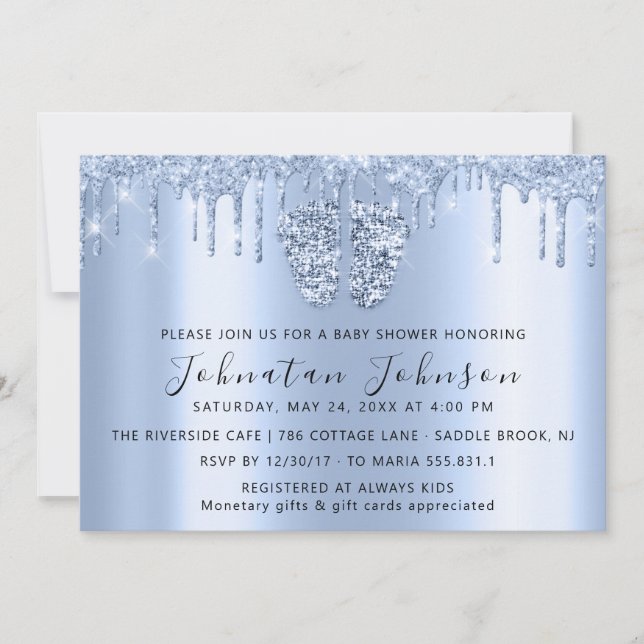 Baby Shower Drips Glitter Blue Feet Blue Boy Girl  Invitation (Front)