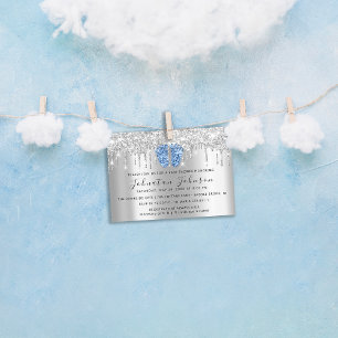 Baby Shower Drips Glitter Blue Feet Silver Invitation