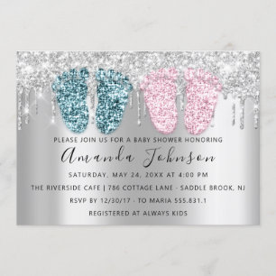 Baby Shower Drips Glitter Feet Grey Twins Boy Girl Invitation