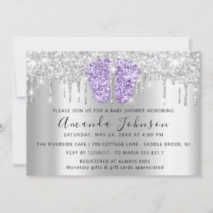 Baby Shower Drips Glitter VioletFeet Grey Boy Girl Invitation