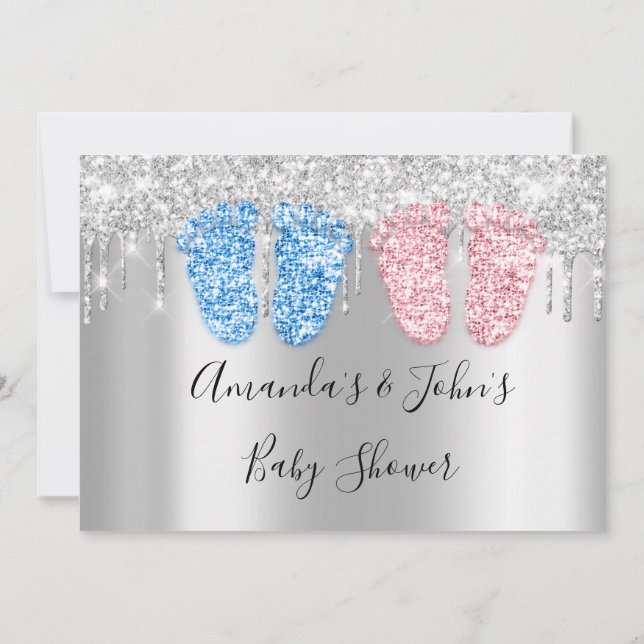 Baby Shower Drips Silver FeetTwins Boy Girl Blue Invitation (Back)