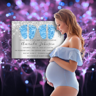 Baby Shower Drips Silver Grey Feet Twins Boys Invitation