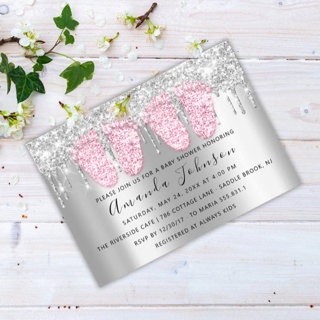 Baby Shower Drips Silver Grey Feet Twins Girls Invitation (Creator Uploaded)