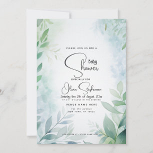 Baby Shower- Dusty Blue Leafy QR Invitation