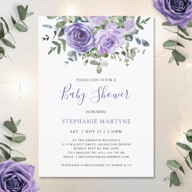 Baby Shower Dusty Purple Rose Botanical  Invitation (Creator Uploaded)