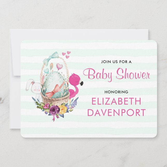 Baby Shower Egg Nesting w/ Flamingo & Bunny Invitation (Front)