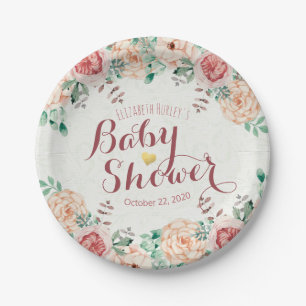 Baby Shower Elegant Chic Pink Watercolor Floral Paper Plate