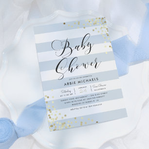Baby Shower Elegant Gold Confetti & Blue Stripes Invitation