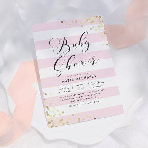 Baby Shower Elegant Gold Confetti & Pink Stripes Invitation