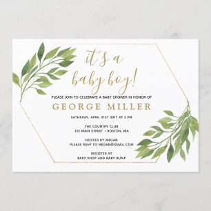 Baby shower elegant greenery and gold invitation