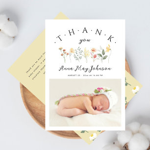 Baby Shower Elegant Script Wildflower Photo Thank You Card