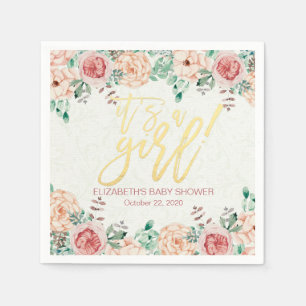 Baby Shower Elegant Watercolor Floral Gold Script Napkin