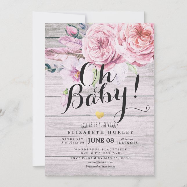 Baby Shower Elegant Watercolor Floral Rustic Wood Invitation (Front)