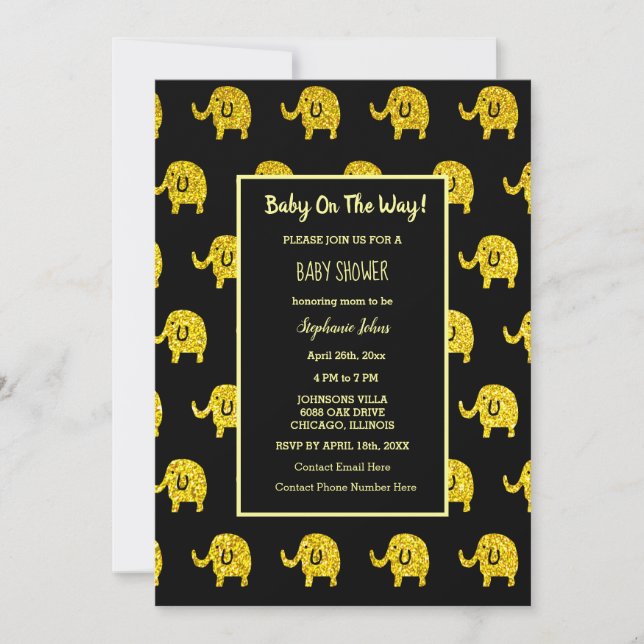 Baby Shower Elephant Animal Gold Glitter Black Invitation (Front)
