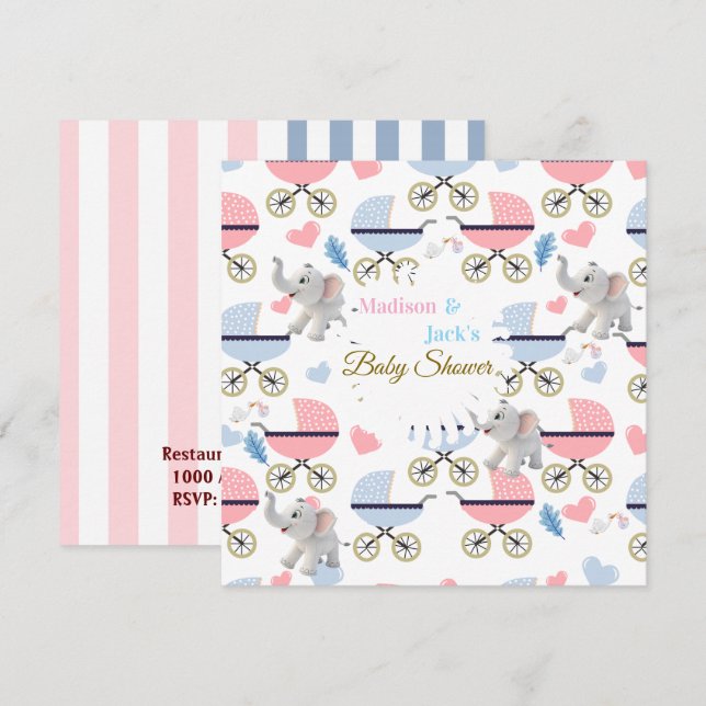 Baby Shower Elephant Baby StrollerCard Invitation  (Front/Back)