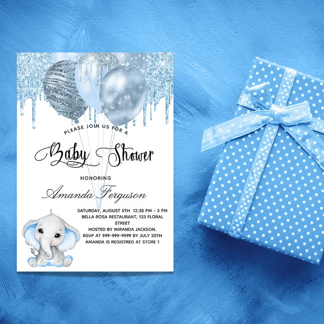Baby Shower elephant boy blue balloons luxury Invitation (Creator Uploaded)