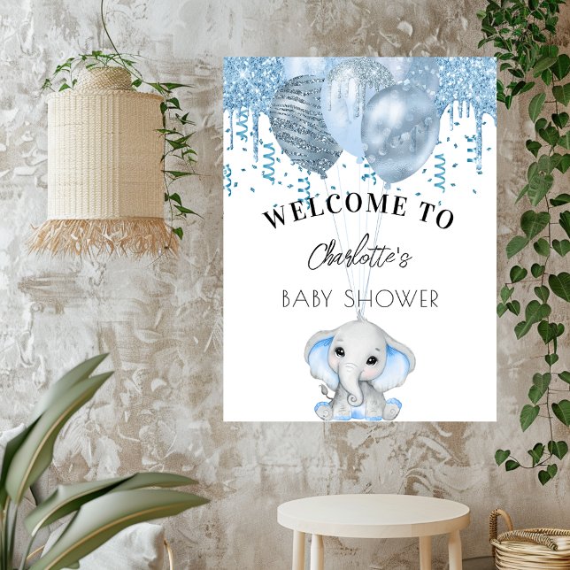 Baby Shower elephant boy blue white balloons Poster (Creator Uploaded)