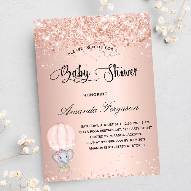 Baby Shower elephant girl hot air balloon luxury Invitation (Creator Uploaded)