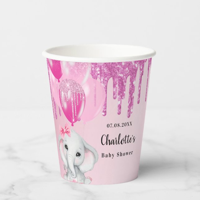 Baby Shower elephant girl pink glitter drips Paper Cups (Front)
