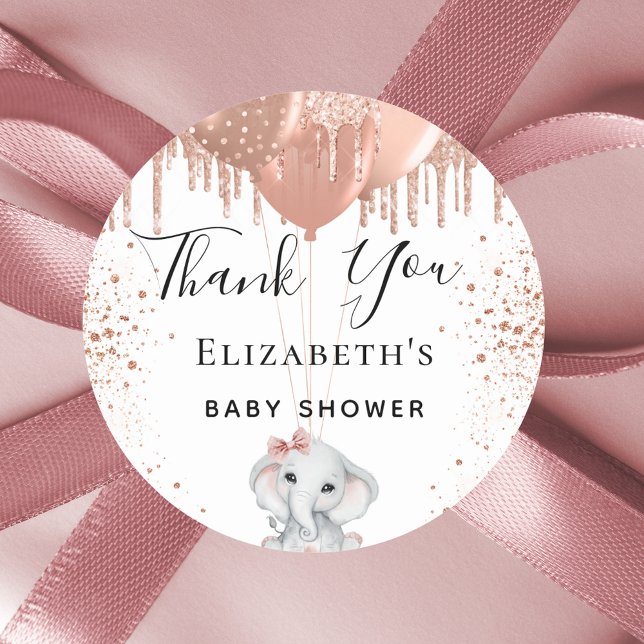 Baby Shower elephant girl rose gold glitter thanks Classic Round Sticker (Creator Uploaded)