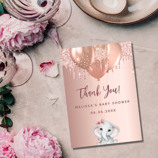 Baby Shower elephant girl rose gold thank you card (Creator Uploaded)