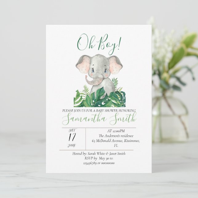 Baby Shower Elephant Jungle Green Invitation (Standing Front)