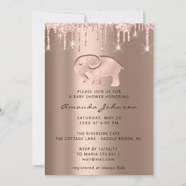 Baby Shower Elephant Rose Gold Drip Boy Girl Invitation (Front)