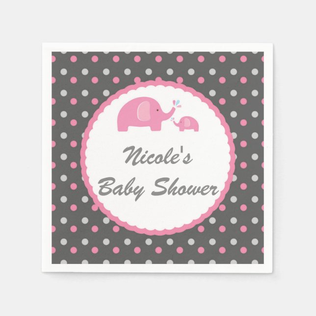 Baby Shower Elephants Pink Grey & White Napkin (Front)