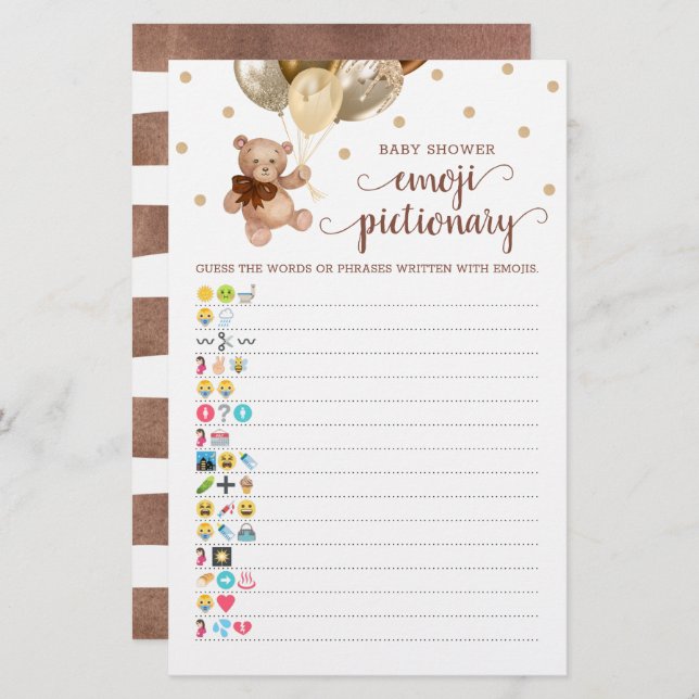 Baby Shower Emoji Pictionary Game Teddy Bear Theme (Front/Back)